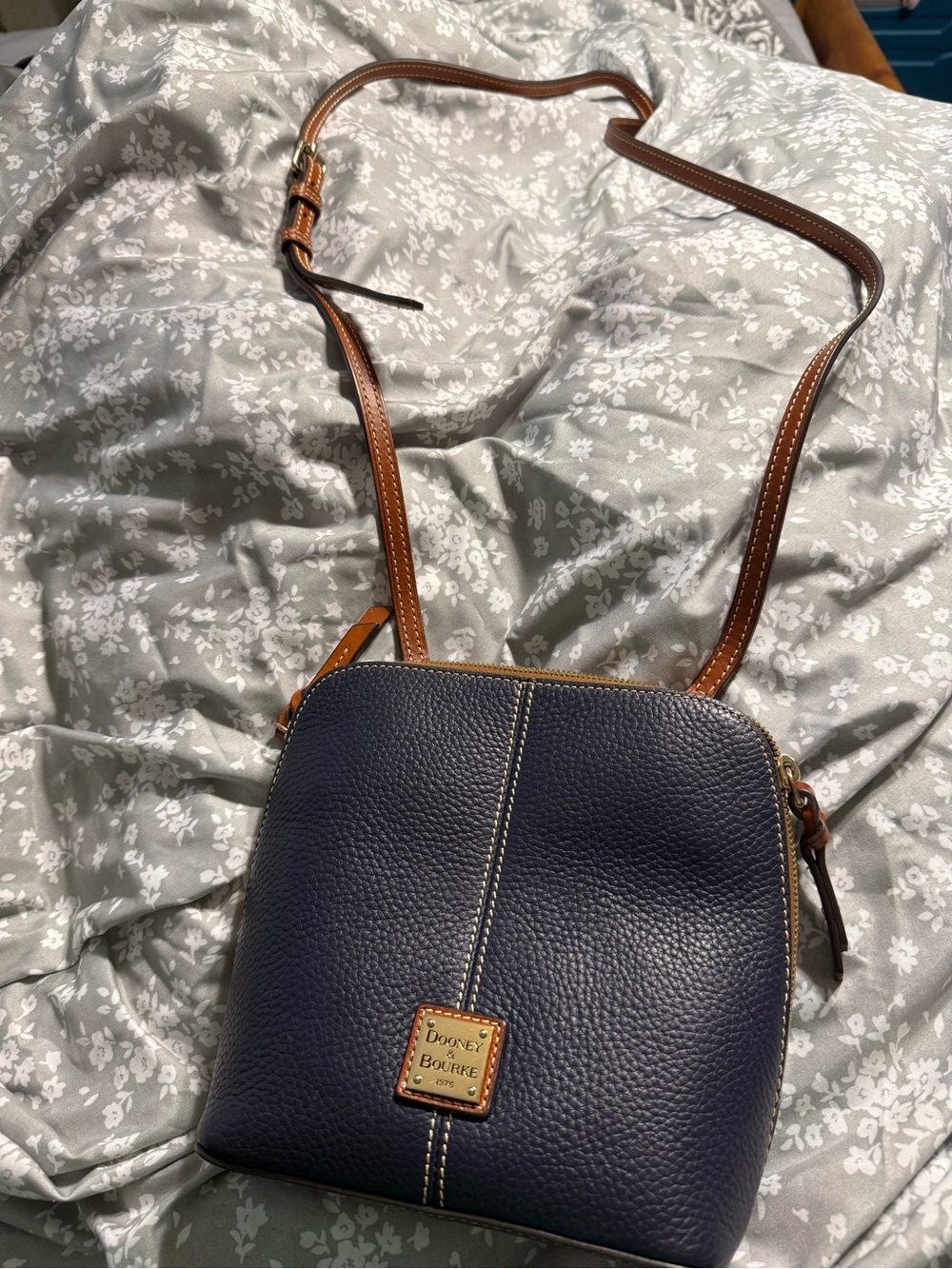 Dooney & Bourke Navy Pebbled Leather Crossbody with Brown Trim